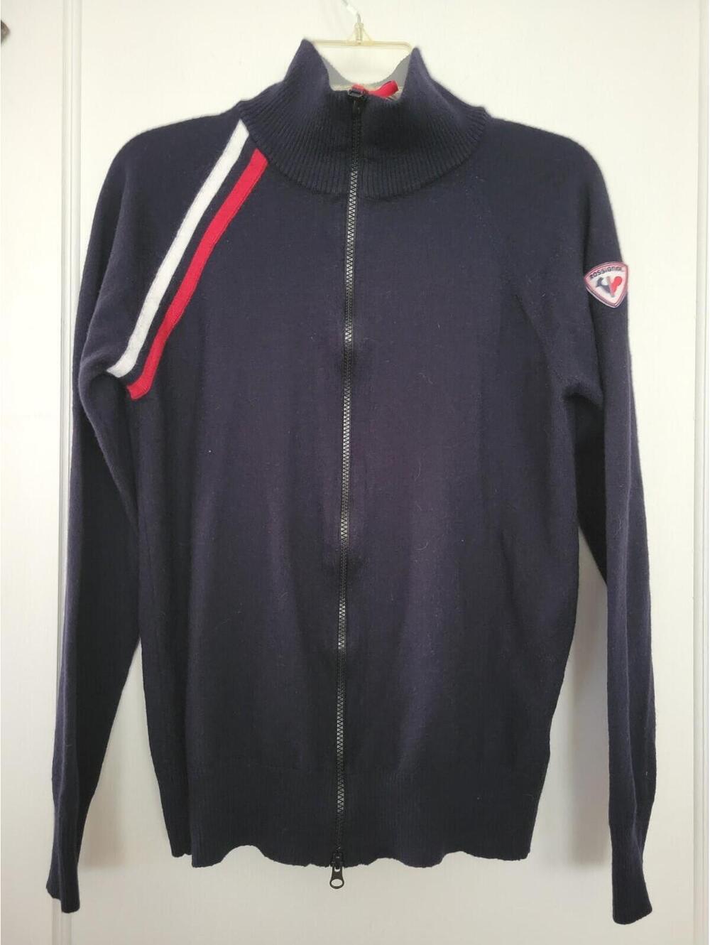 Rossignol Italy Wool Blend Sweater Large Zip Cardigan Ski Style Navy Blue
